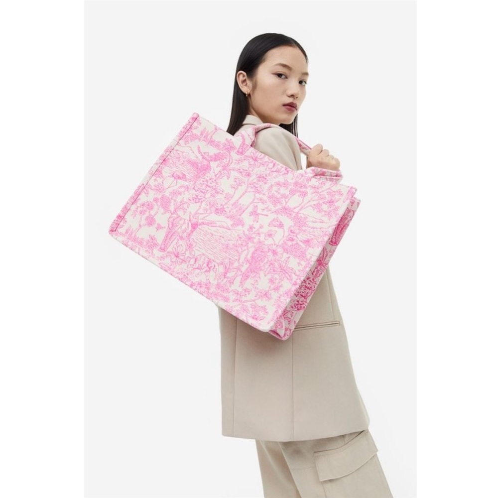 H&M Jacquard Weave Tote Pink Tropical